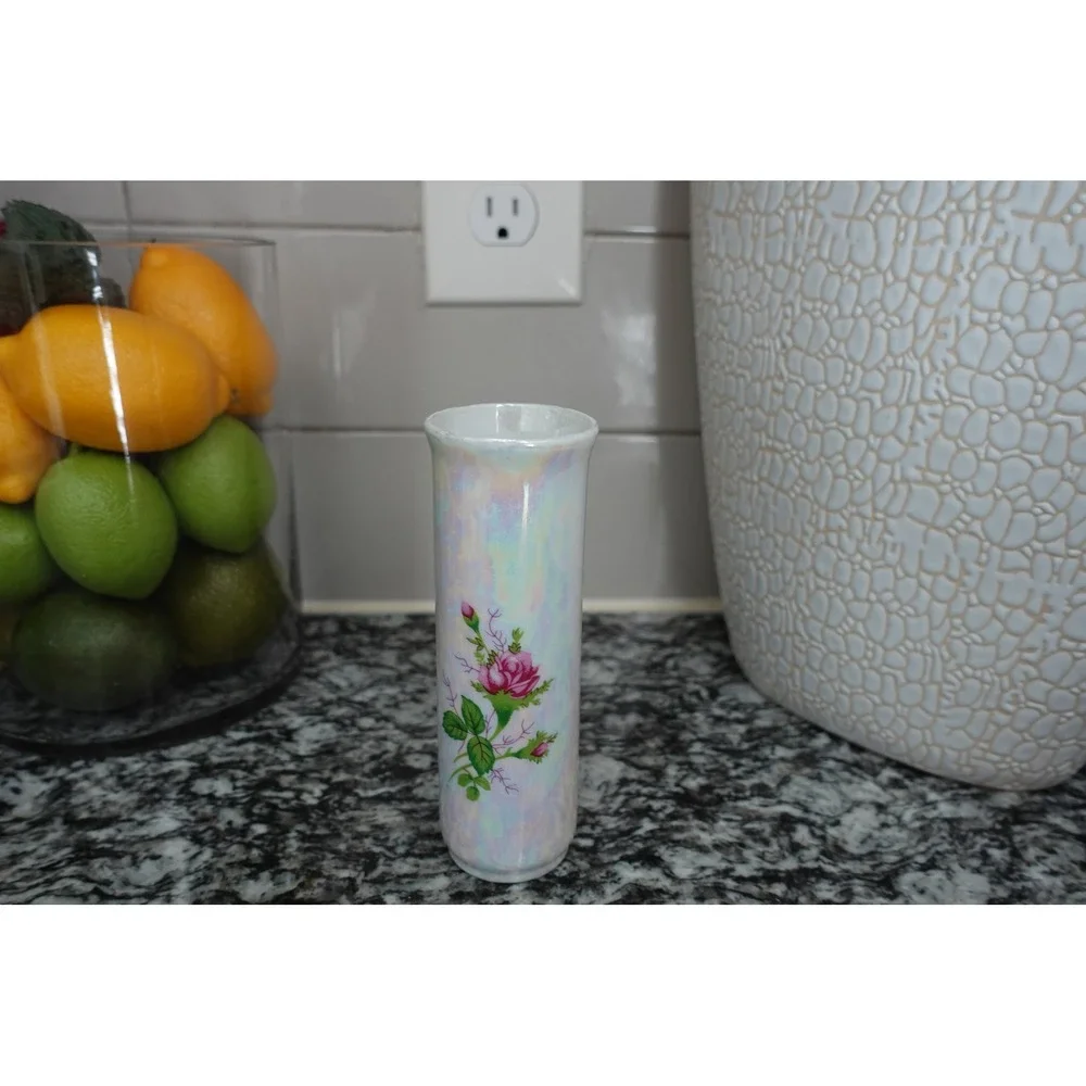 Iridescent Bud Vase with Rose‎ Floral Design, Small Decorative Vase